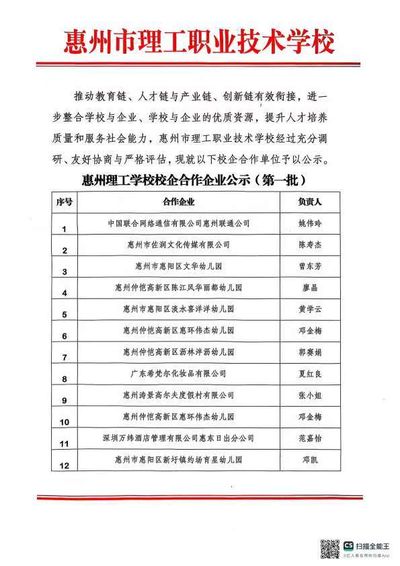 惠州理工学校校企合作企业公示(第一批)
