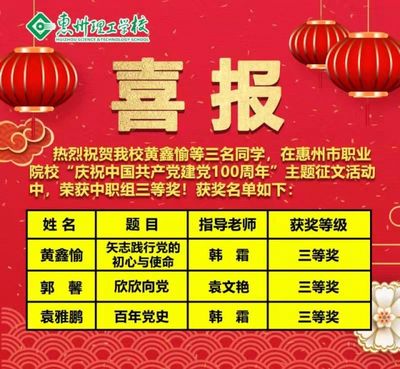 喜报:热烈祝贺我校黄鑫愉等三名同学,在惠州市职业院校“庆祝中国共产党建党100周年”主题征文活动中,荣获中职组三等奖!