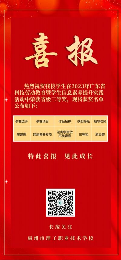喜报!我校学生在2023年广东省科技劳动教育暨学生信息素养提升实践活动中荣获省级三等奖